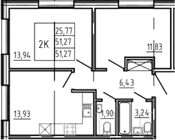 2-комнатная квартира 51.27 м², 1/5 эт., Комплекс апартаментов «Bereg. Курортный»